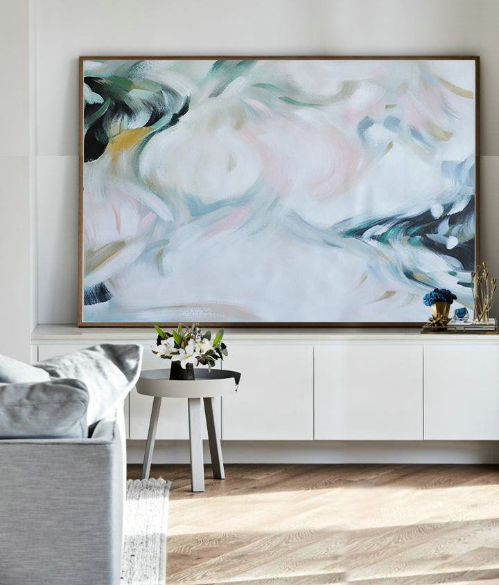 Original Artwork Extra Large Abstract Painting,Oversized Horizontal Abstract Art,Modern Wall Decor,White,Pink,Black,Green.etc